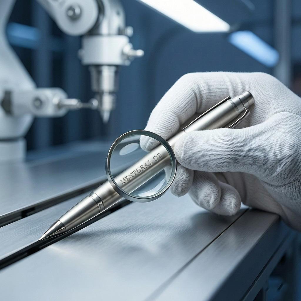 Inspector with a magnifier checking engraved logo detail on a stainless steel pen