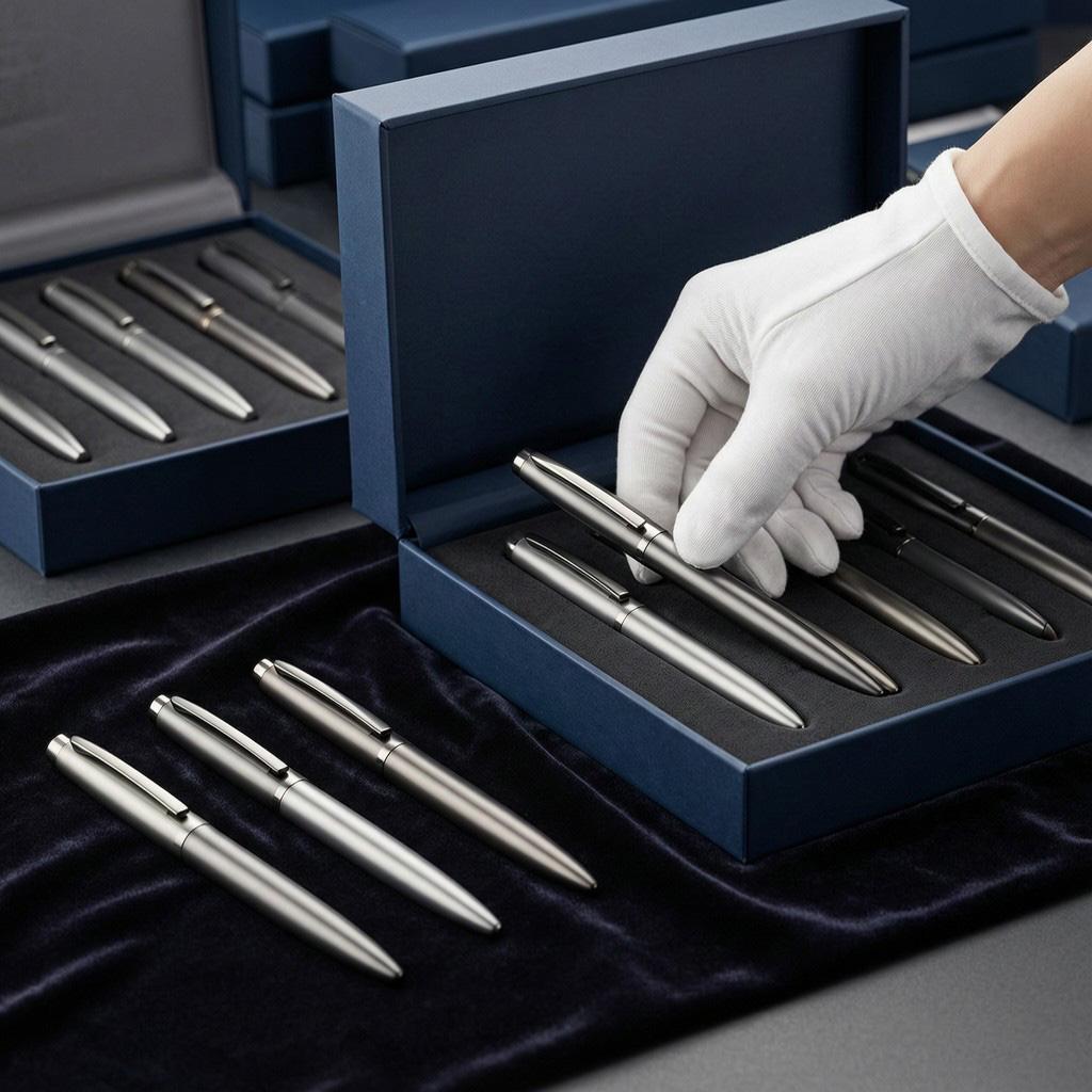 Gloved hand placing a finished metal pen into a navy gift box with foam insert