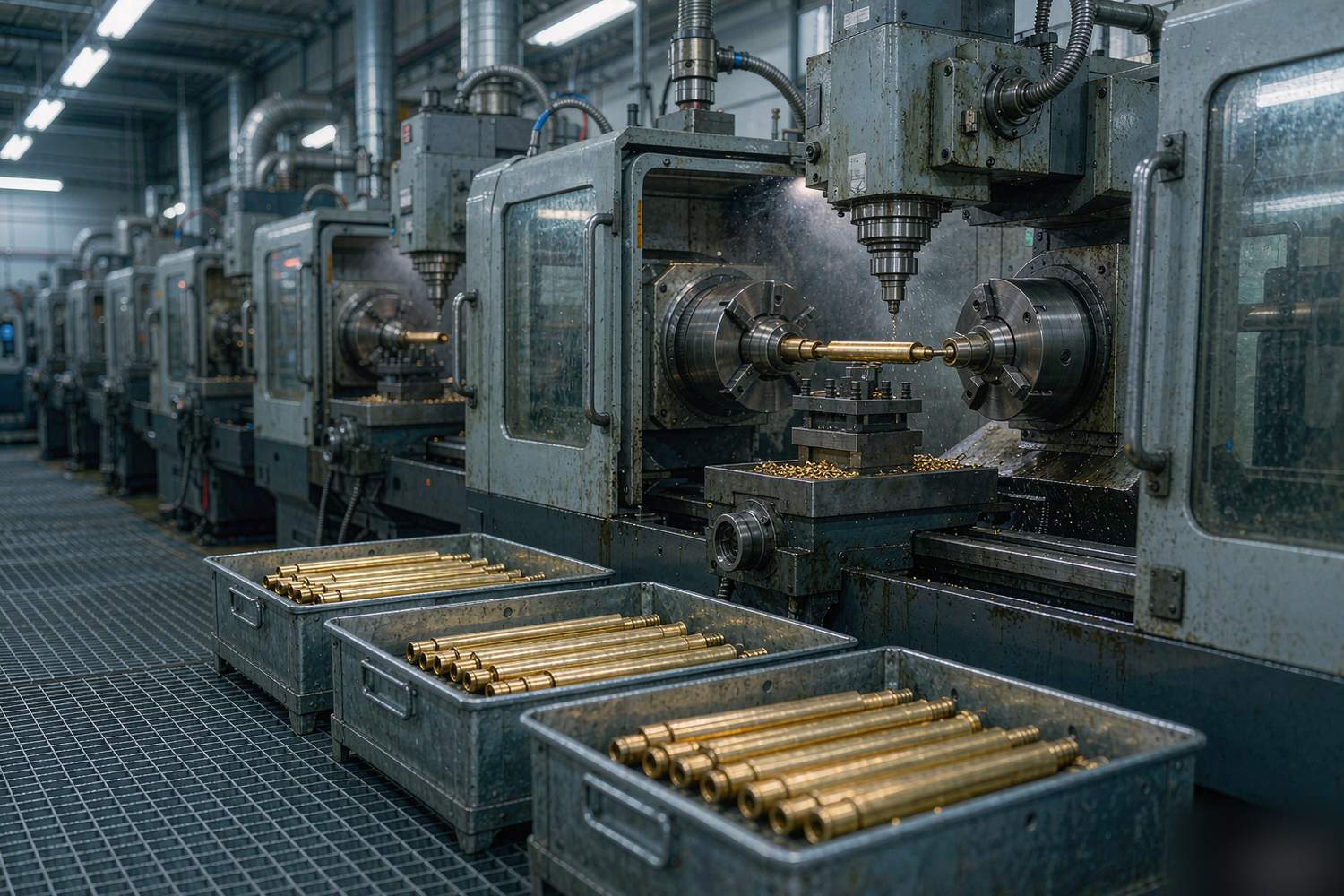 CNC workshop with brass barrel bins and lathes running — CNC machining stage