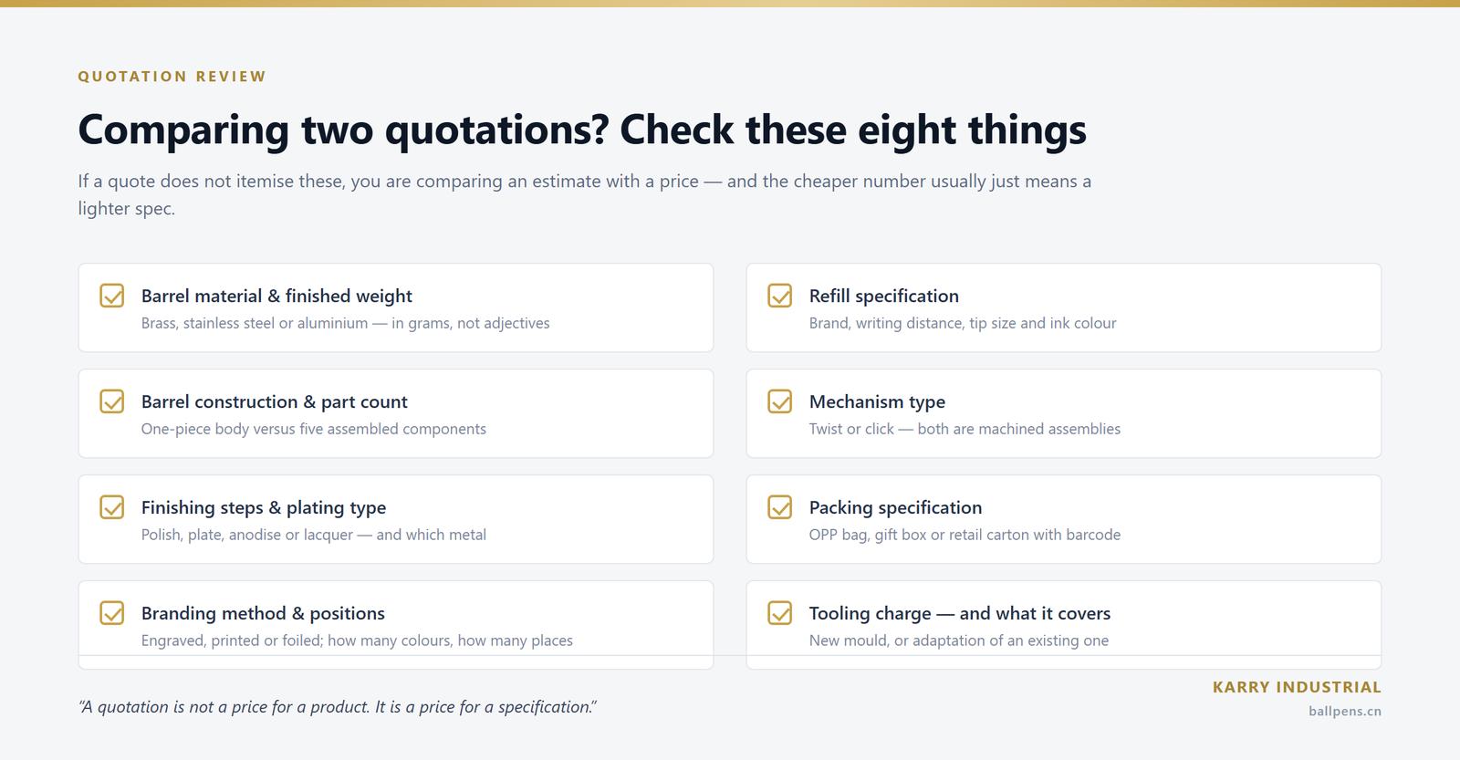 Checklist of eight specification items to compare when reviewing two custom pen quotations