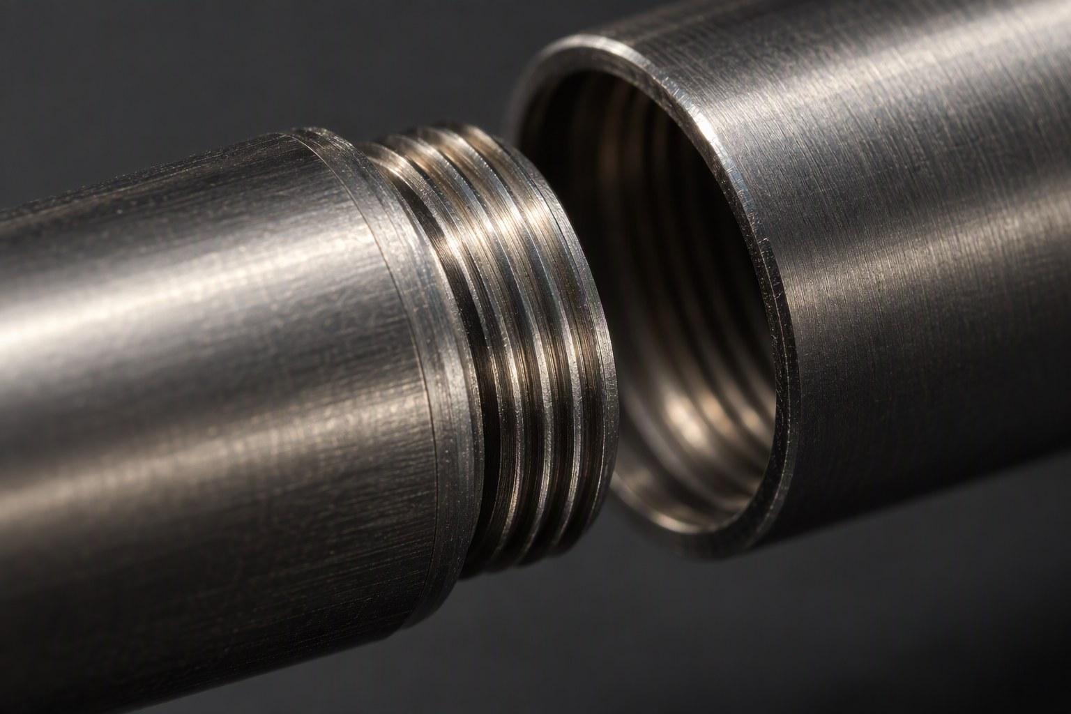 Close-up of the machined thread where a metal pen barrel meets its cap