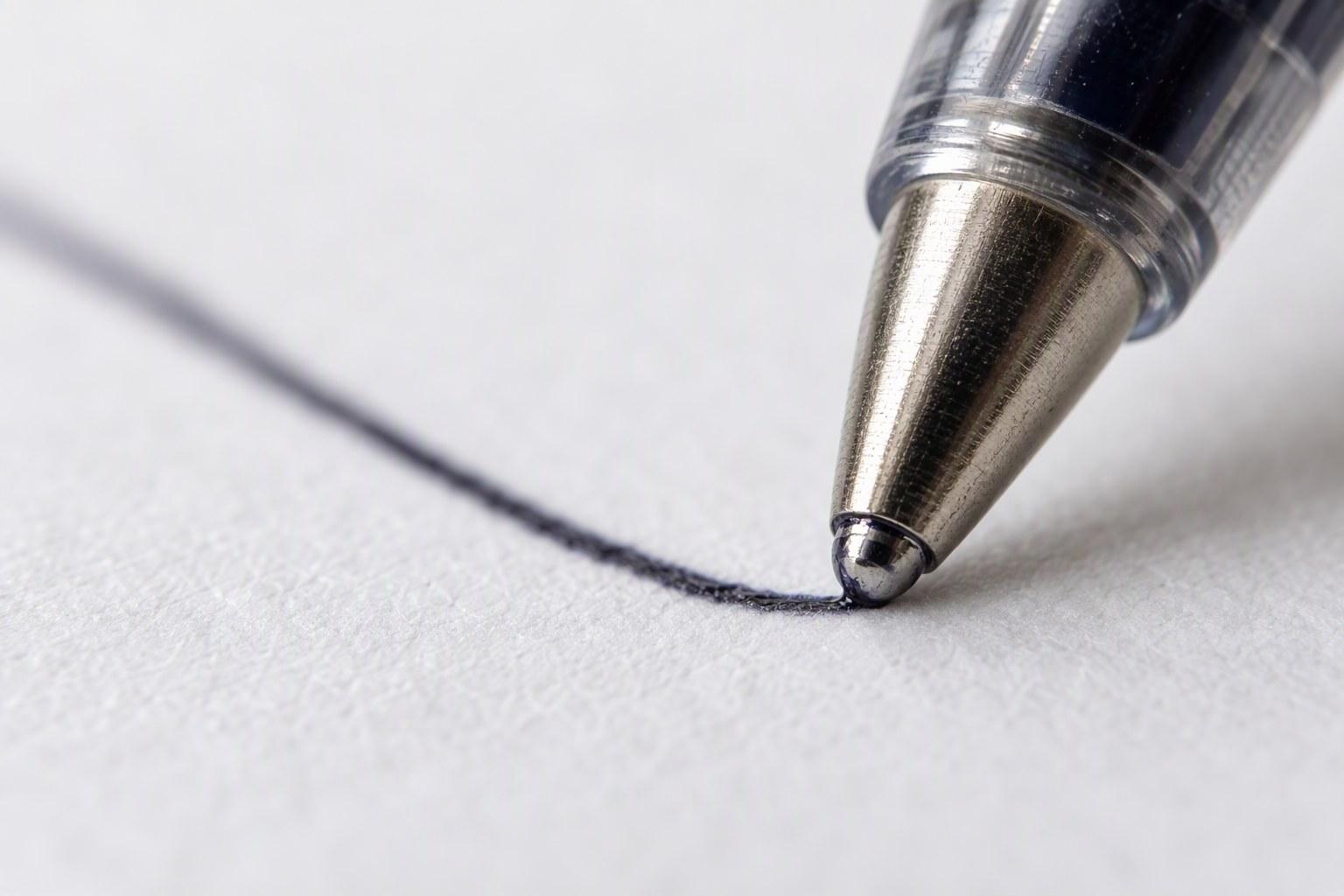 Macro view of a pen refill tip laying a clean ink line on paper