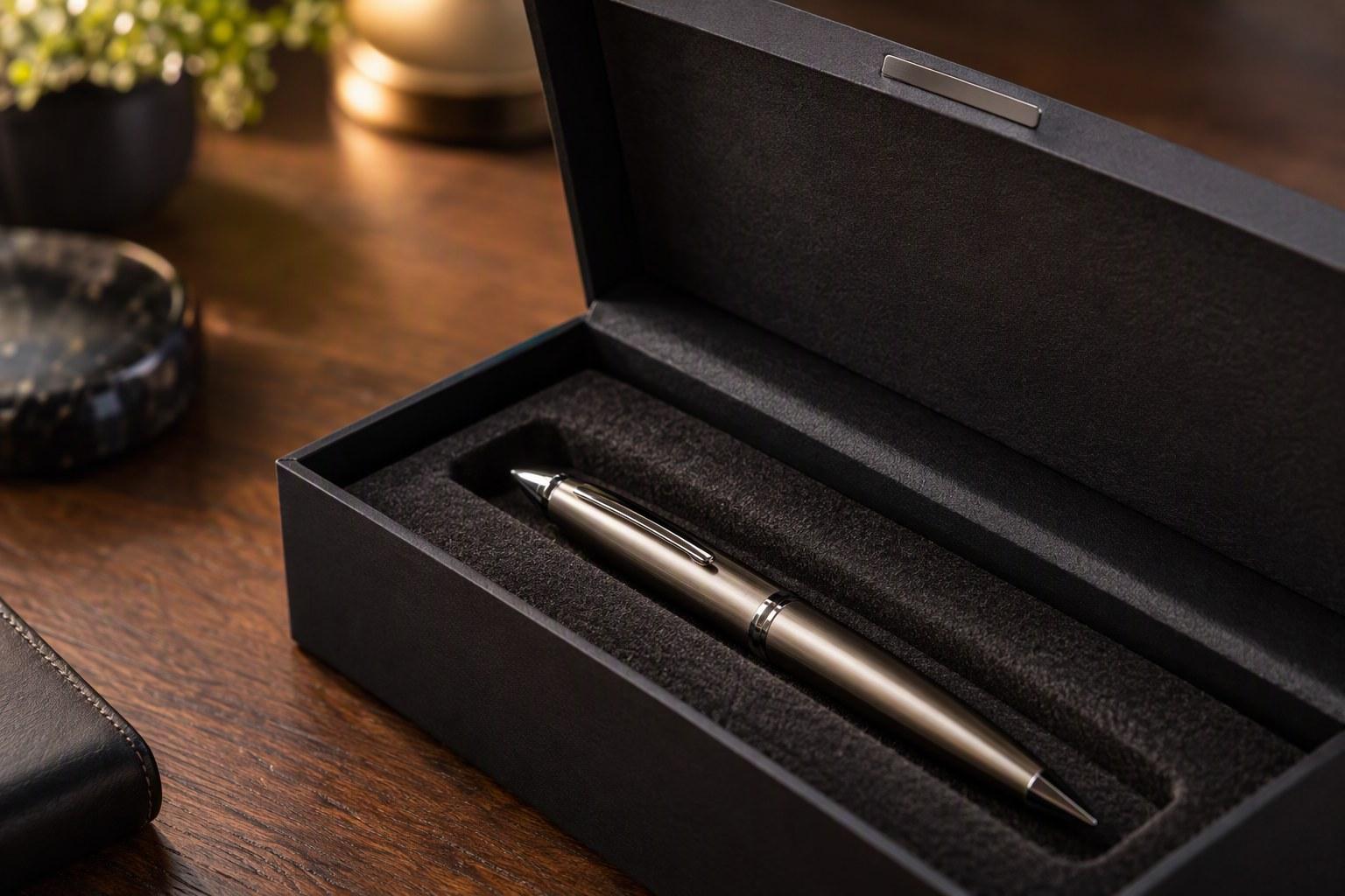 Close-up of a magnetic closure and foam insert inside a rigid pen gift box