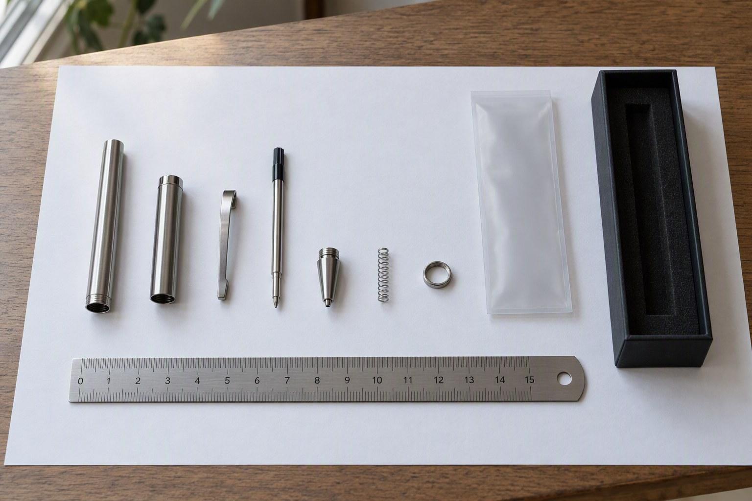 Custom Pen RFQ Checklist: What to Send Before You Ask for a Quote Nine metal pen components laid out in a row on paper with a steel rule for scale