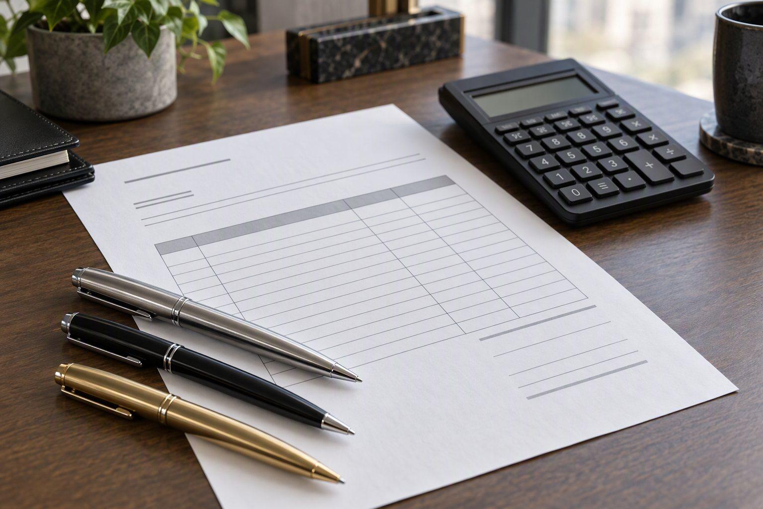 Custom Pen Quotation Explained: A Line-by-Line Breakdown A quotation document with a blank ruled table, a calculator and three finished pens in silver, black and gold