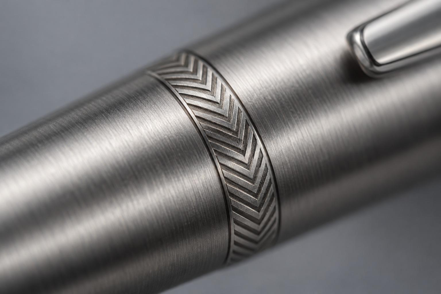 Macro view of a fine engraved ring on a brushed stainless steel pen barrel