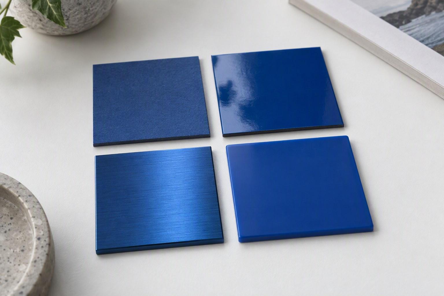 How to Match Pantone Colours on Metal Pens Four square swatches of matte paper, glossy card, brushed metal and plastic in the same deep blue tone