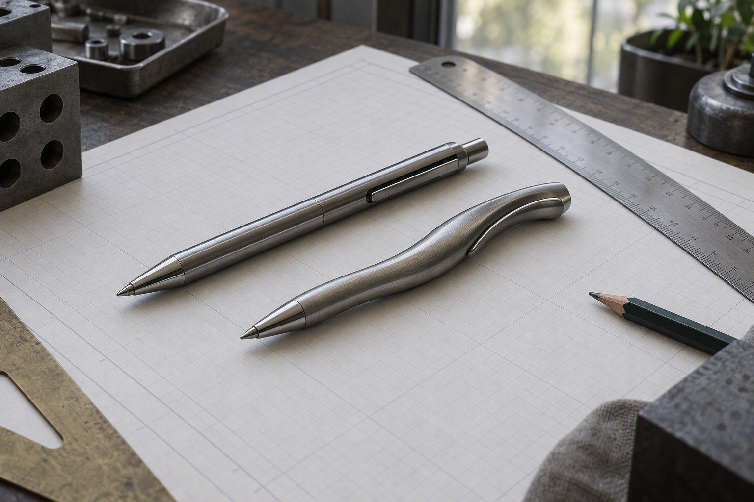 A standard catalogue pen and a custom curved pen side by side on engineering drawing paper