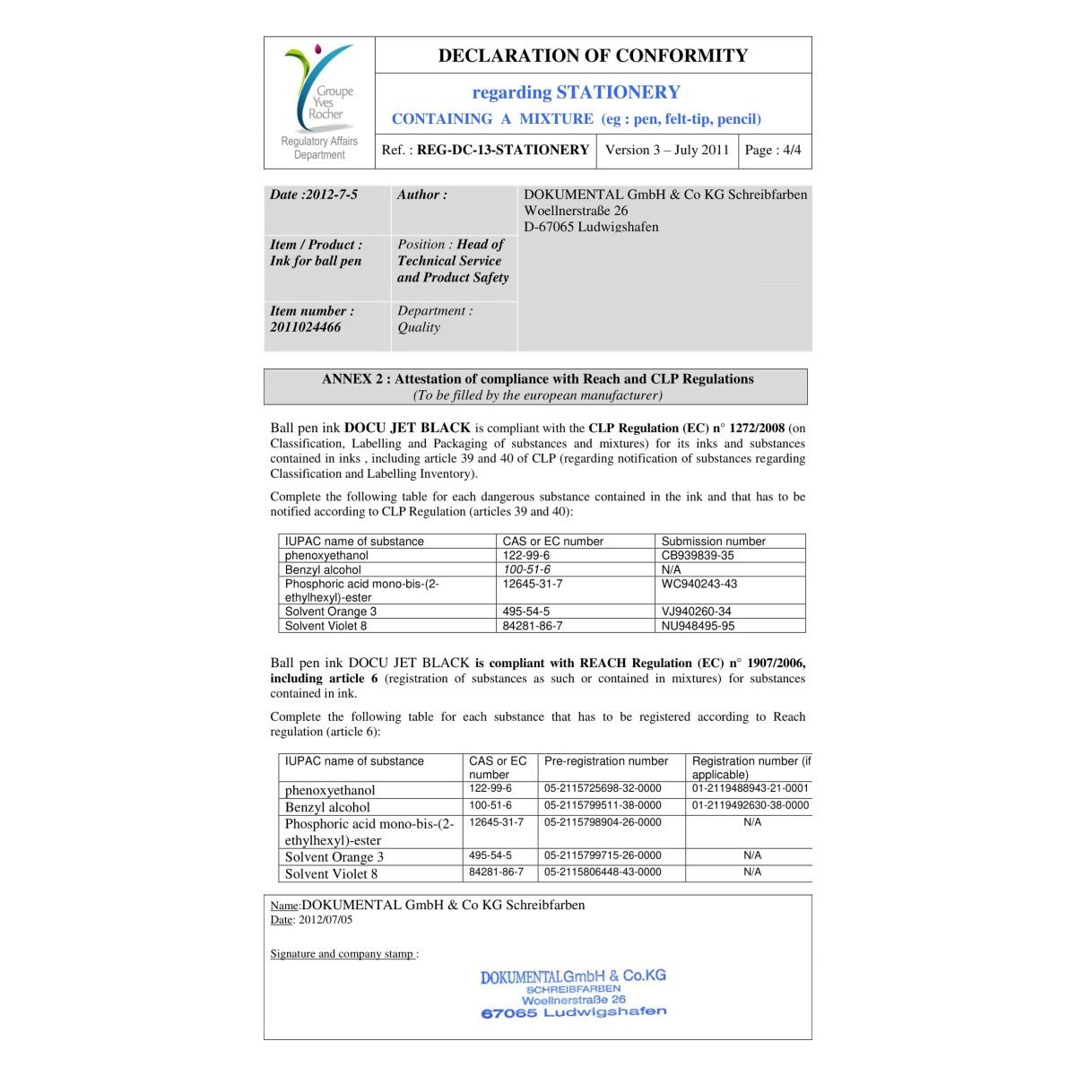 Dokumental Declaration of Conformity for REACH and CLP regulations