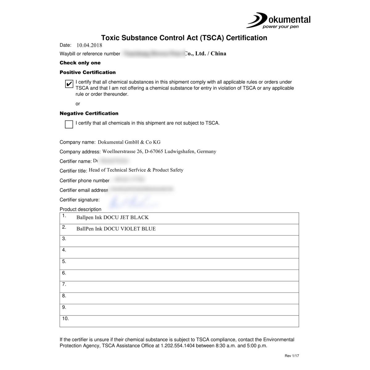 TSCA chemical compliance certification for Dokumental ball pen ink