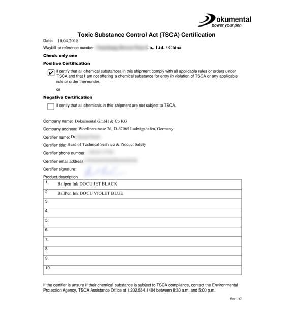 TSCA chemical compliance certification for Dokumental ink