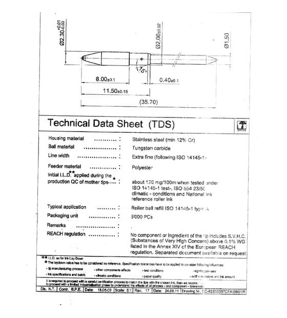 Swiss roller tip technical data sheet ISO 14145-1 tolerance drawing